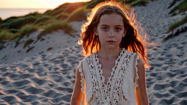 Golden hour sunlight illuminates a young girl with long brown hair, wearing a crocheted vest and light colored shorts and skirt, as she walks along a sandy beach path