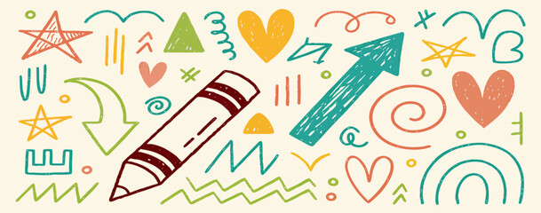 Hand-drawn doodles: Crayon, arrows, hearts, stars, shapes background