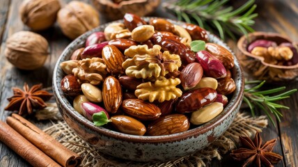 Spiced nuts: almonds, walnuts and pistachios with herbs and spices that cover each nut. Add whole spices, cinnamon sticks, star anise and sprigs of fresh rosemary.
