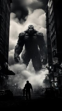 Dramatic low-angle shot of a giant gorilla towering over a city street, evoking a cinematic video feel with moody, monochrome tones. Live mobile wallpaper.