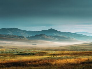 Fototapeta premium Serene sunrise landscape. Misty mountains, golden fields. Perfect for travel, nature, and environment projects.