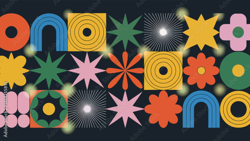 Poster abstract geometric elements and forms composition: a visual feast of radiant and playful forms, crea