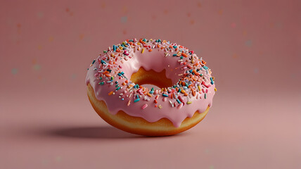 Pink Iced Donut with Colorful Sprinkles on Soft Background