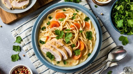 Chicken noodle soup on a wooden table. Soup with greens and carrots.