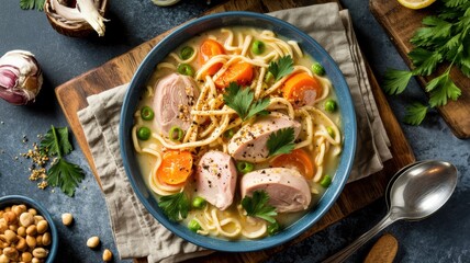 Chicken noodle soup on a wooden table. Soup with greens and carrots.