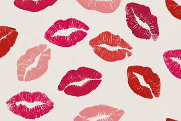 Lipstick kiss prints in varying shades of red and pink on white