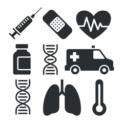 Medical Icons Set Syringe Bandage Heartbeat Bottle DNA Ambulance Lungs Thermometer Vector Illustration Healthcare Medicine Treatment Diagnosis