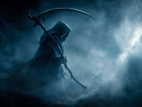 Mysterious reaper in a foggy, moonlit landscape
