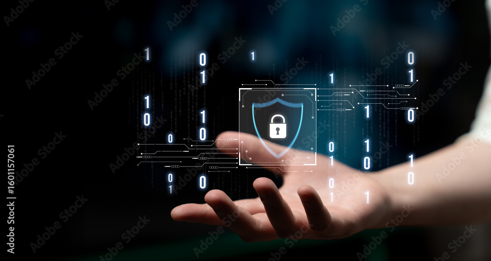 Poster cyber security protects against breaches, hacks, and network attacks using strong infrastructure and