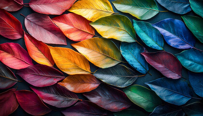 Array of vibrantly colored autumn leaves arranged on a dark background