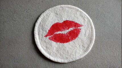 Round white fabric coaster with a red lipstick kiss print