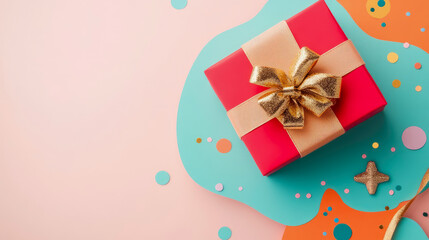 Obraz premium Concept: Celebration, Present for holidays, Design for a card or print showing a red box with a gold bow and confetti on a pink and light blue surface