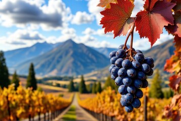 A cluster of deep purple grapes remains on the vine with crimson leaves, set before a majestic mountain range and autumn blue sky. Bright vineyard rows below evoke grapevine in fall.