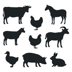 Farm Animal Silhouettes Collection Cow, Horse, Chicken, Sheep, Goat, Duck, Pig, Rabbit Vector Illustration Set Isolated on White Background Farm Animals Silhouettes