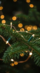 Christmas Tree Branch with Warm White Lights, Holiday Decoration, Evergreen Bough with Bokeh, Festive Season, Winter, New Year Decor, Pine