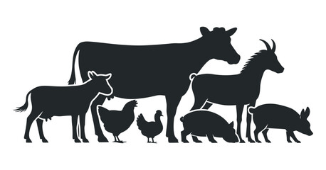 Farm Animals Silhouette Vector Illustration A Collection of Livestock Icons Featuring Cow Calf Chicken Goat and Pig in Black and White Graphic Design for Agricultural Themes