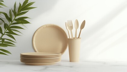 Bamboo Wood And Paper Eco-Friendly Disposable Dishes On White Marble With Utensils, Plate, And Cups. Emphasis On Recycling.