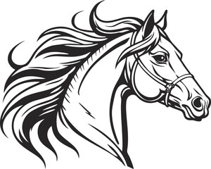 Vector art of a horse head is shown in profile with a flowing mane and detailed bridle design