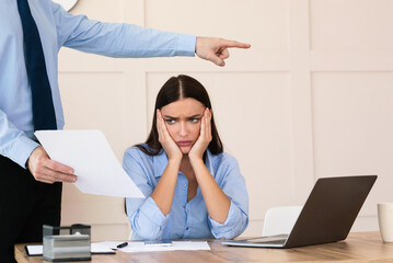 Employee Layoff Dismissal. Boss Firing Woman Worker Showing Employment Agreement Labor Contract...