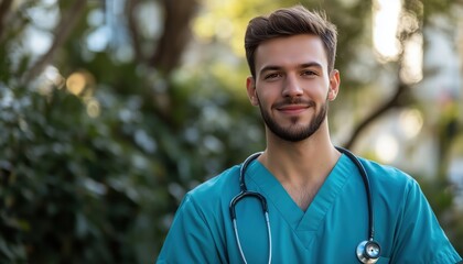 Mid Adult Male Nurse Poses Outdoors In Scrubs And Stethoscope, Smiling At Camera In Hospital Setting. Portrait Of Nurse Man.