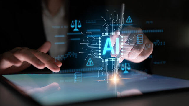 AI circuit microchip with glowing blue lines, surrounded by legal scales, warning symbols, data sheets, and binary codes, representing ethical AI, AI governance, and data integrity Latch