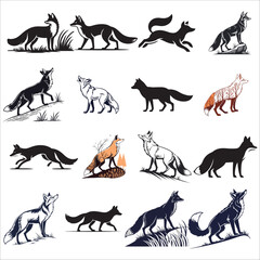Collection of stylized fox silhouettes vector: black, white, and color variations; majestic, wild, and elegant mood.