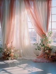 Elegant blush pink & cream curtains, floral arrangements. Perfect for wedding, event, and romantic designs. Ideal for website banners, social media, and print.