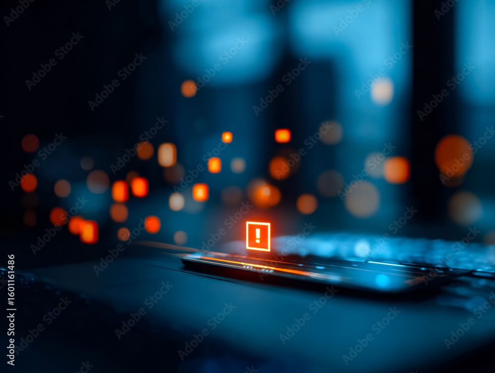 Poster warning alert on smartphone screen with bokeh lights in the background