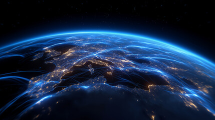 Night view of Europe from orbit with neon blue network routes