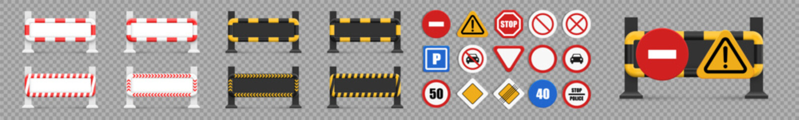 Vector Set of Road Safety Barriers and Traffic Signs on Transparent Background
