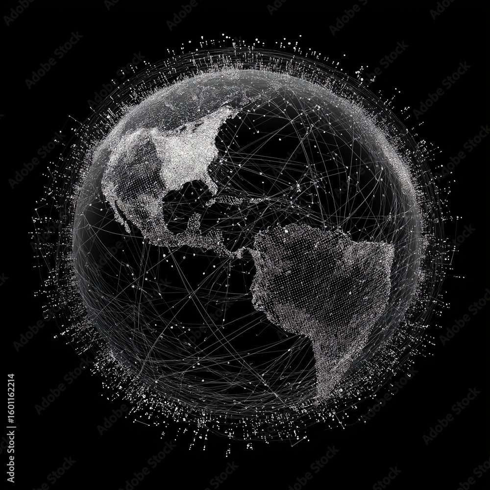Poster global network visualization: earth with data connections on a black background