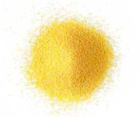 Corn polenta, uncooked isolated on white, top view	