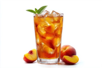 Refreshing iced peach tea served with fresh peach slices on a clean white background for summer enjoyment