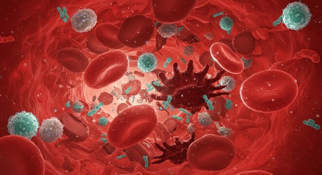Microscopic visualization of erythrocytes, leukocytes, and thrombocytes flow within a blood vessel