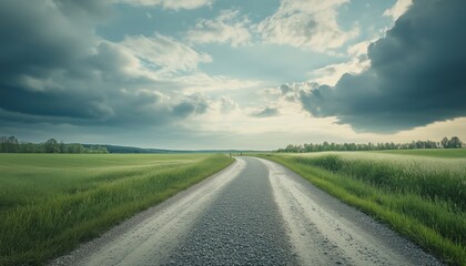 Fototapeta premium Scenic View Of Gravel Road Through Countryside Meadows In The Evening Of Spring, Taken From A Low Angle Under Cloudy Sky.