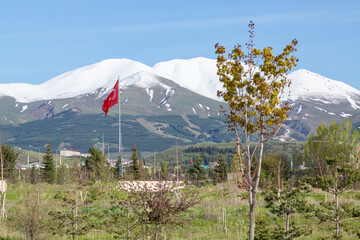 Turkish flag in Erzurum with palandoken mountains background