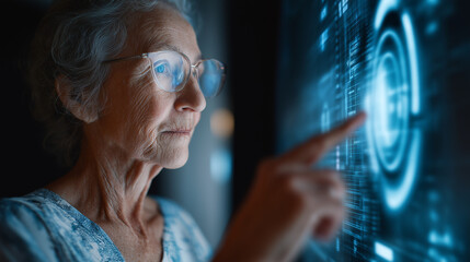 Naklejka premium Elderly woman interacts with a holographic futuristic interface screen