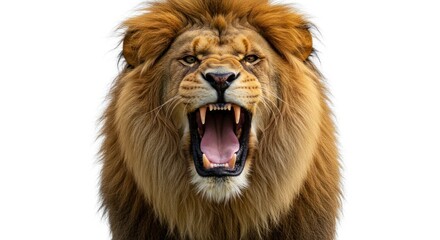 Majestic lion roaring with open mouth showing teeth on isolated white background