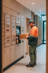 A delivery worker in an orange and green uniform is seen placing a package in a mail slot within a contemporary building hallway. The setting has minimalistic design and bright lighting
