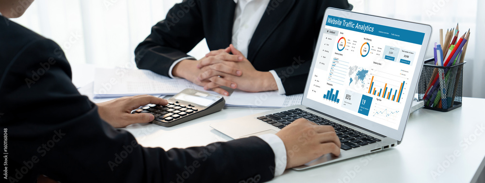 Poster computer software for website traffic analytics data on computer screen. concept of seo search engin