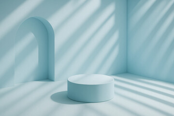 Pastel Blue Geometric Backdrop with Round Pedestal – Sunlit Minimal Scene for Skincare or Tech Product Display