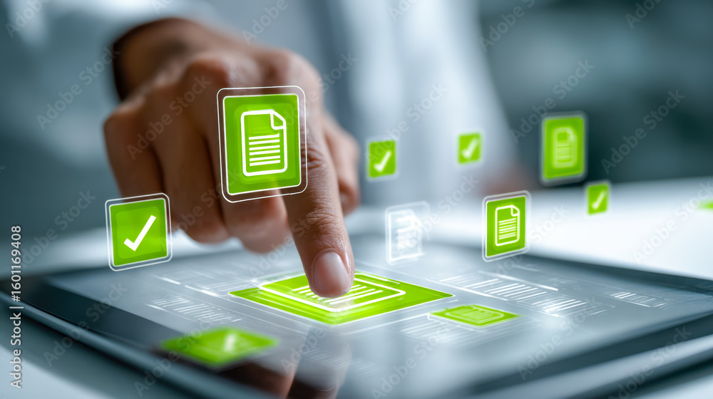 Aufkleber digital document management and approval process on a futuristic tablet interface