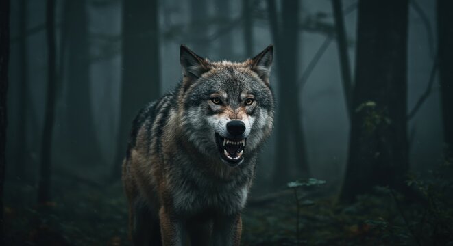 Enraged gray wolf showing sharp teeth in a dark and mystical forest environment scene - Powered by Adobe