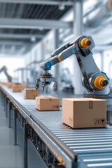 Robotic arms sort and move packages along a conveyor belt in a spacious warehouse. This advanced automation optimizes logistics and increases productivity in the supply chain