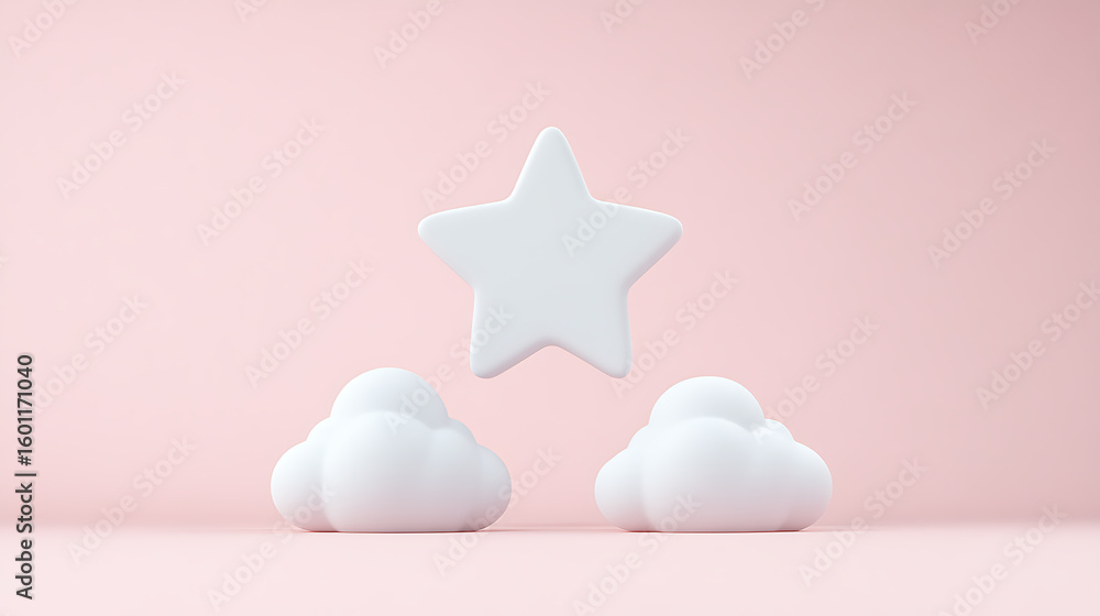 Fototapete dreamy scene with a floating star and two fluffy clouds against a soft pink backdrop. ethereal and c