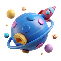 A blue cartoon planet with a red rocket and colorful stars is isolated on transparent background