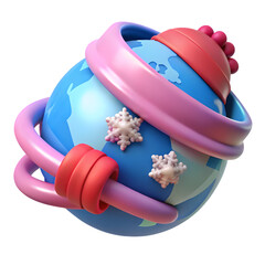 A 3d rendered cartoon globe wears a pink hat and scarf with snowflakes isolated on transparent background