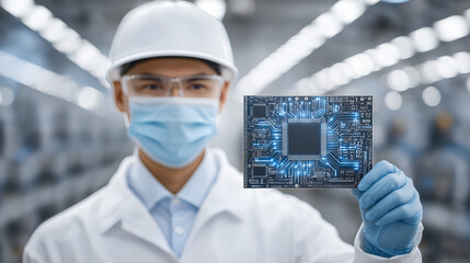 Quality Inspector Holding a Glowing Microchip in a Cleanroom. Semiconductor manufacturing and high-tech electronics for industrial, innovation, or scientific themes