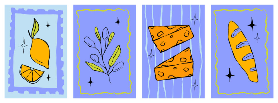 Italian amalfi poster in hand drawn style. Summer poster with fruit citrus and wine. Hand drawn sketch Italian food and drink. Vector illustration amalfi cover