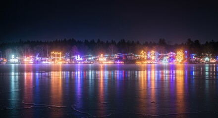 Holiday homes adorned with twinkling lights reflect on the tranquil frozen lake mirroring winter